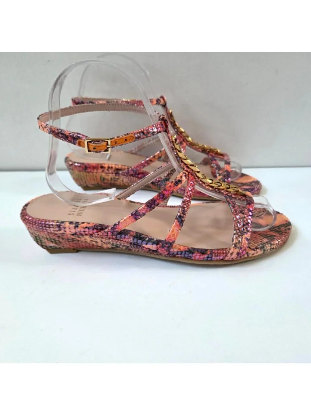 Stuart Weitzman Sandals 7 Pink Melon Tiffy Chain Trim Strappy Leather Wedge NEW